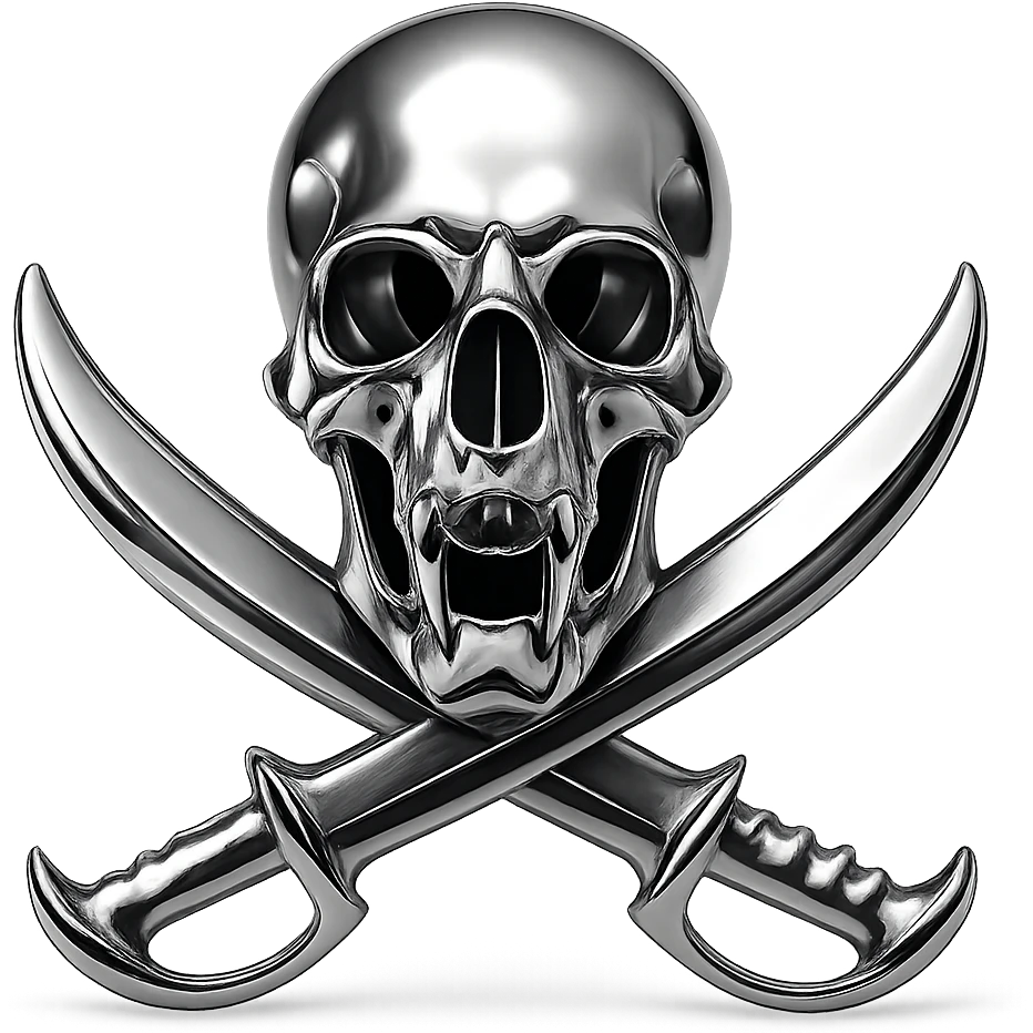 Update the flag so the emblem is a close match to the provided skull and crossed bones: a realistic animal skull with open mouth and two curved bones crossing behind it, rendered in chrome. Keep the chrome ship details and close-up view. emoji