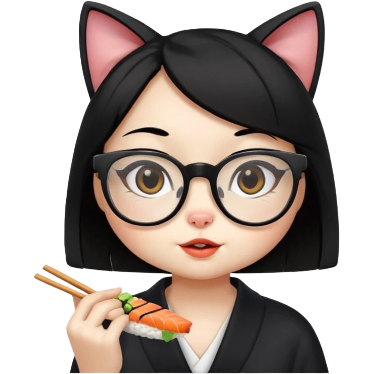 cute girl cat with straight hair and really big square glasses with super thin frames eating sushi emoji