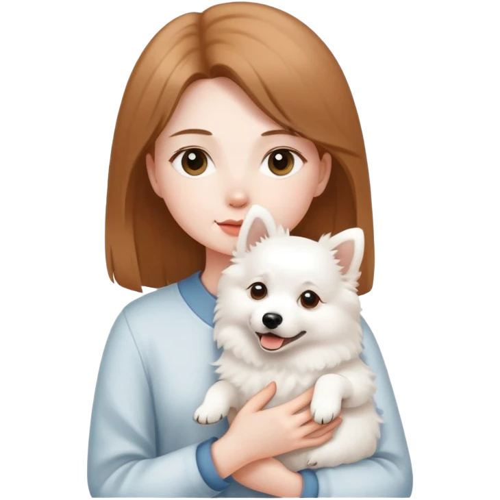 light brown hair girl with pale skin holding a white Japanese spitz dog emoji