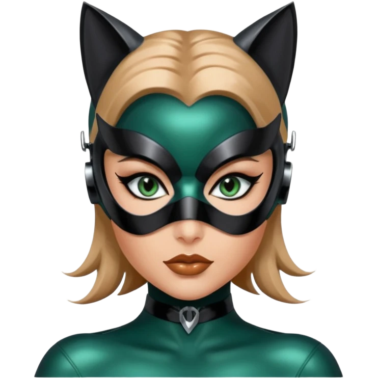 Futuristic Catwoman big blue green eyes with shiny patent leather mask, long false eyashes, most incredible highly detailed Futuristic seductive overall appearance  emoji