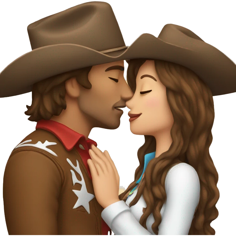 Cowboy with brown hair kissing cowgirl with brown hair emoji