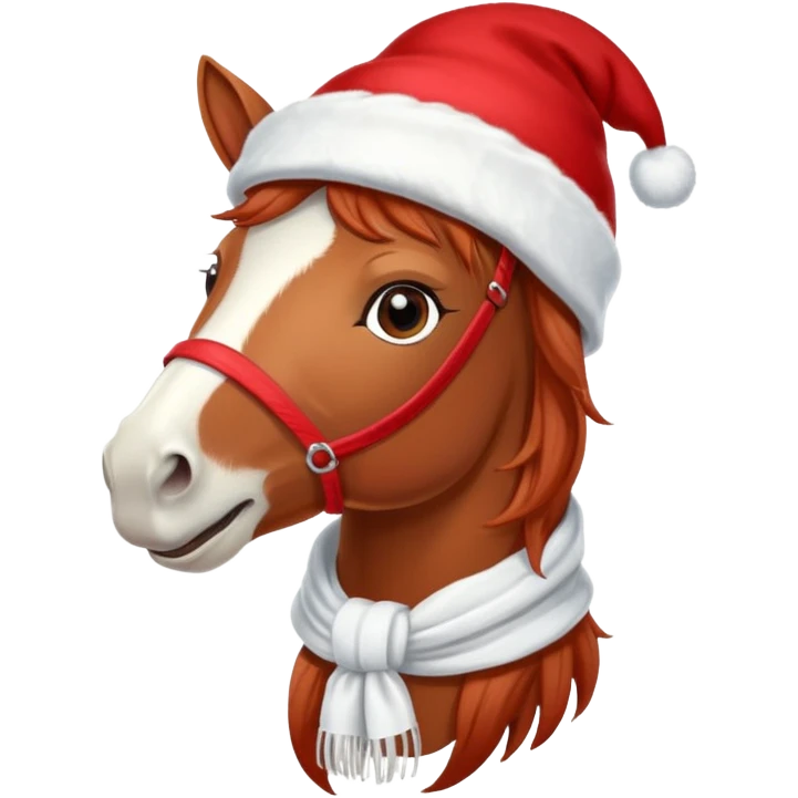 a fairy-tale funny winter horse in a red hat with a white scarf emoji