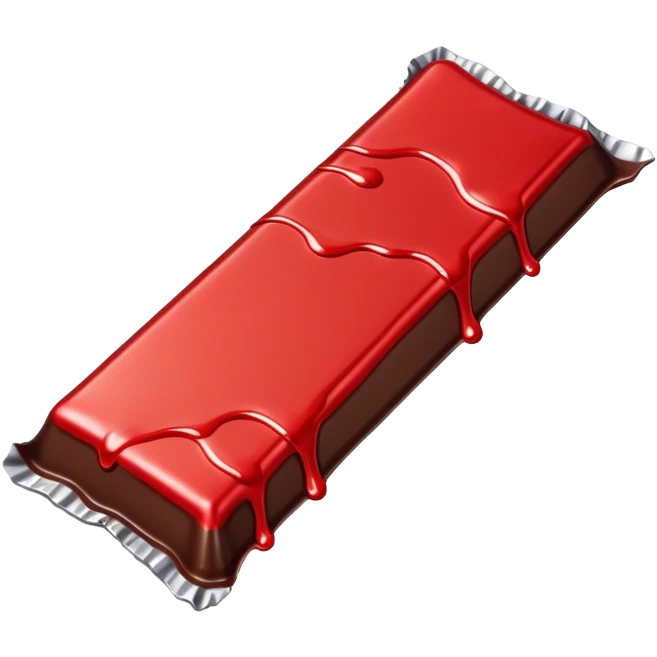 The image shows a partially unwrapped chocolate bar, with its red and silver wrapper pulled down, revealing the chocolate inside. Part of the chocolate is melting, dripping from the edge, creating a smooth and glossy effect.  emoji