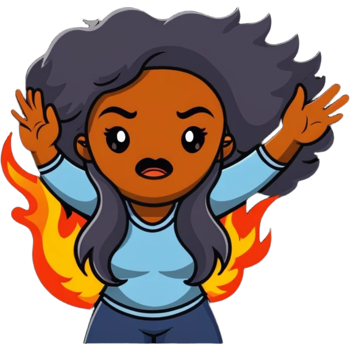 African American woman with long hair, frustrated expression, hair on fire emoji