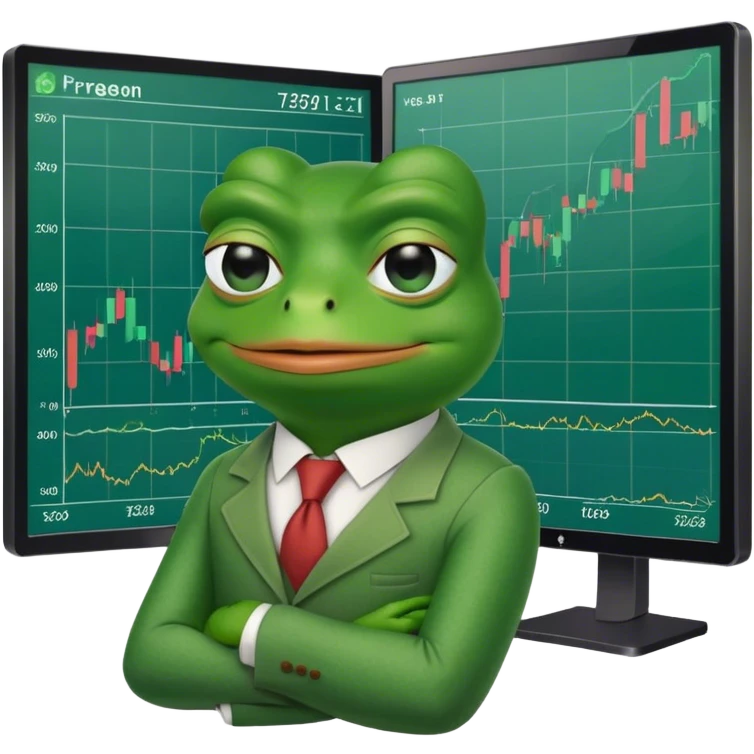 Pepe the Frog as a trader, with charts on the screen emoji