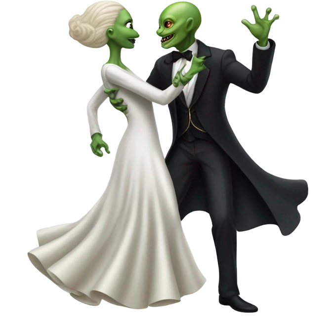 a Reptilian alien woman, in white dress, dance with a human man in frack emoji