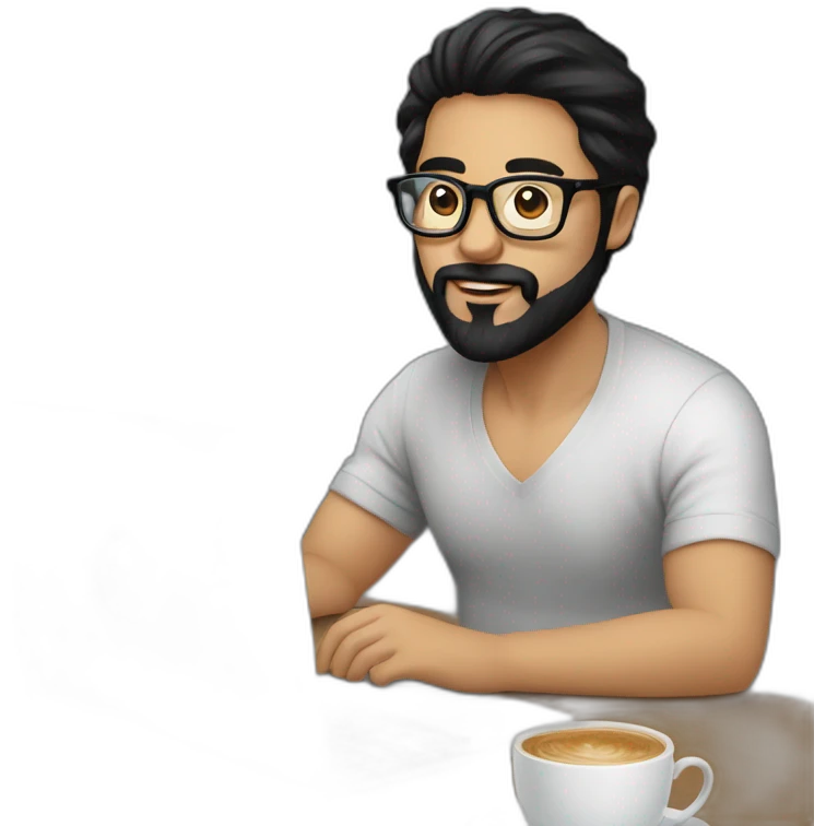 Designer with black hair, beard and glasses working with MacBook and drinking cappuccino  emoji