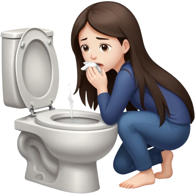 girl with long dark brown hair and pale skin vomits into a toilet emoji