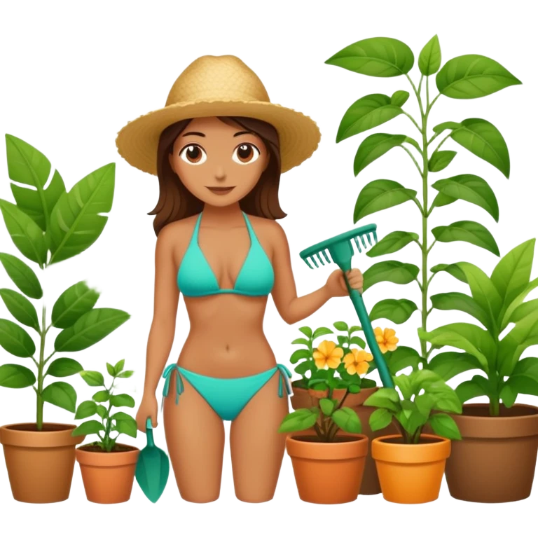 woman in bikini gardening with plants emoji