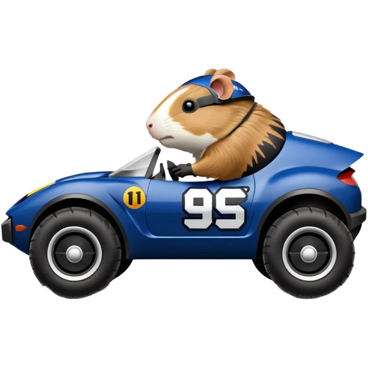 Side view of Midnight blue Local Motors Rally Fighter off road race car driven by a Guinea pig  emoji