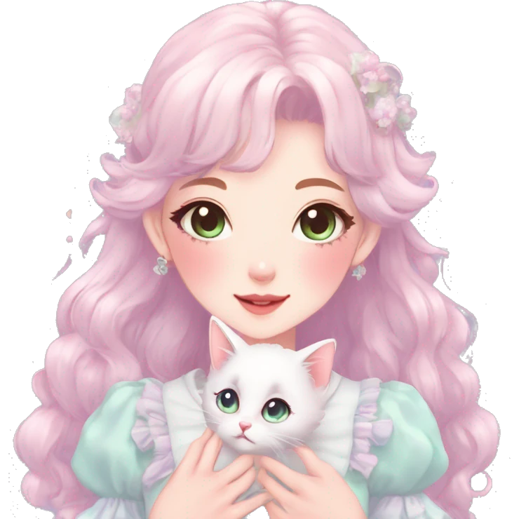 Gorgeous pastel anime style lady with blushing face and holding a kitten cottagecore fairycore pastelcore colorful pearly romantic simplistic aesthetic trending style emoji