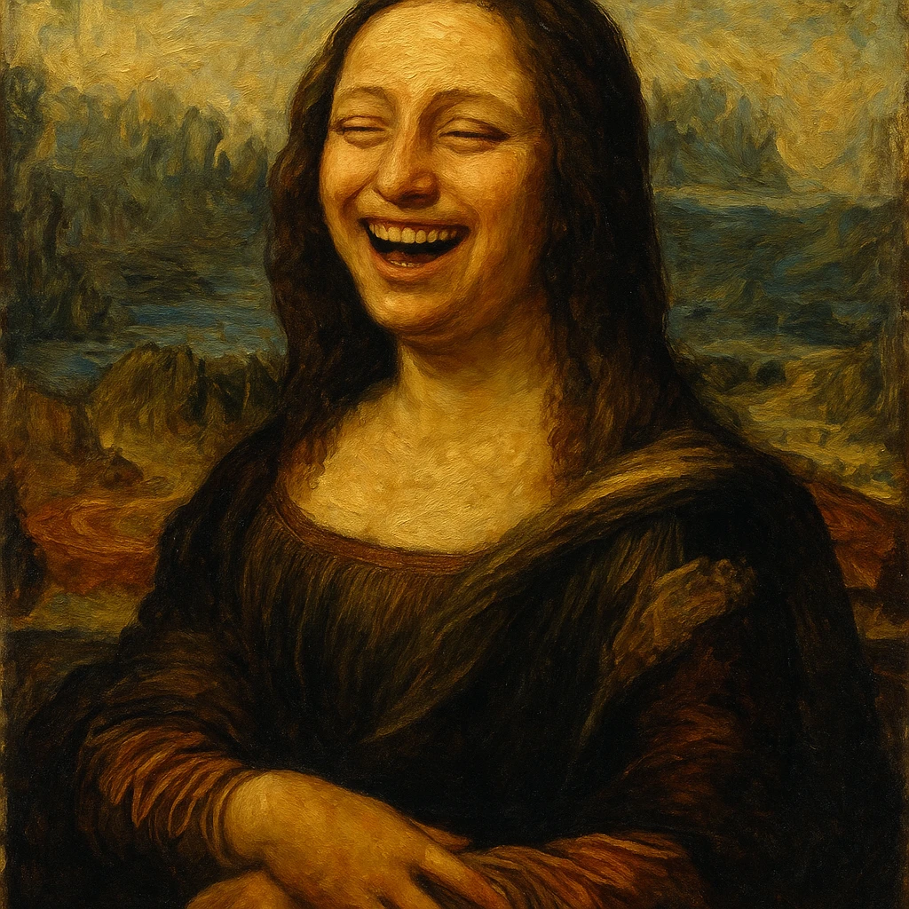 Mona Lisa in an oil painting style, joyful and laughing expression, rich textures and brushstrokes emoji