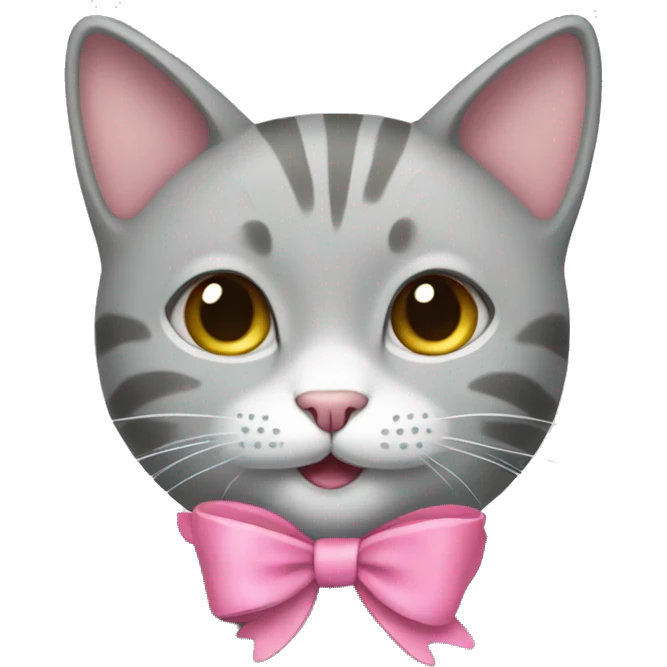 A light grey cat with a pink bow smiling emoji