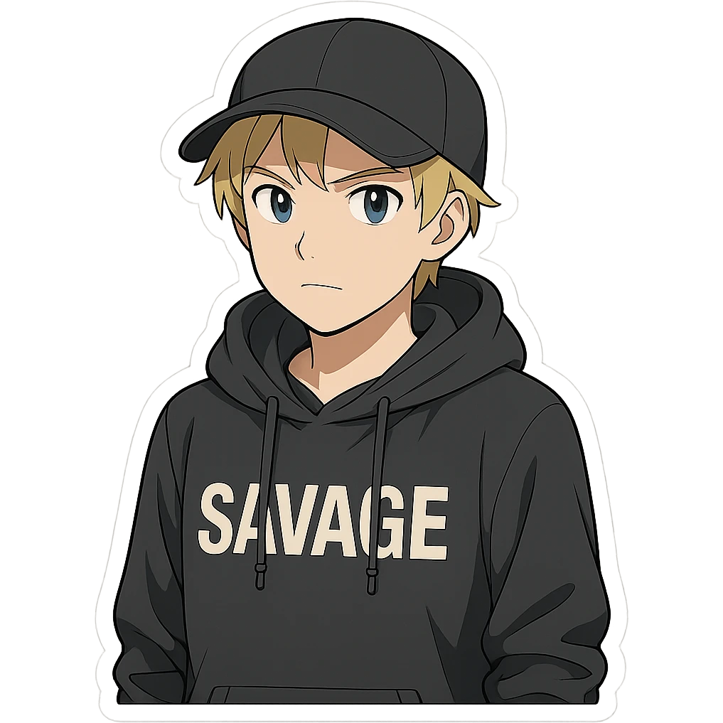 young man with short blonde hair, blue eyes, light skin, dark cap, dark hoodie over a "SAVAGE" t-shirt, white outline sticker effect (anime style) emoji