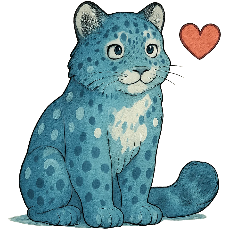 ghibli style snow leopard with blue fur, white spots, and a heart emoji