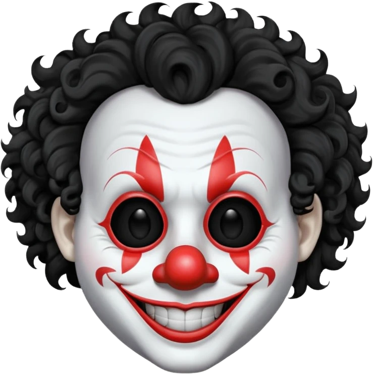 generate white clown mask emoji with a big curly black hair 

wide black coloured smile, no red nose but instead long and pointy white nose with no nostrils, pitch black eyes with no pupils, no brows emoji