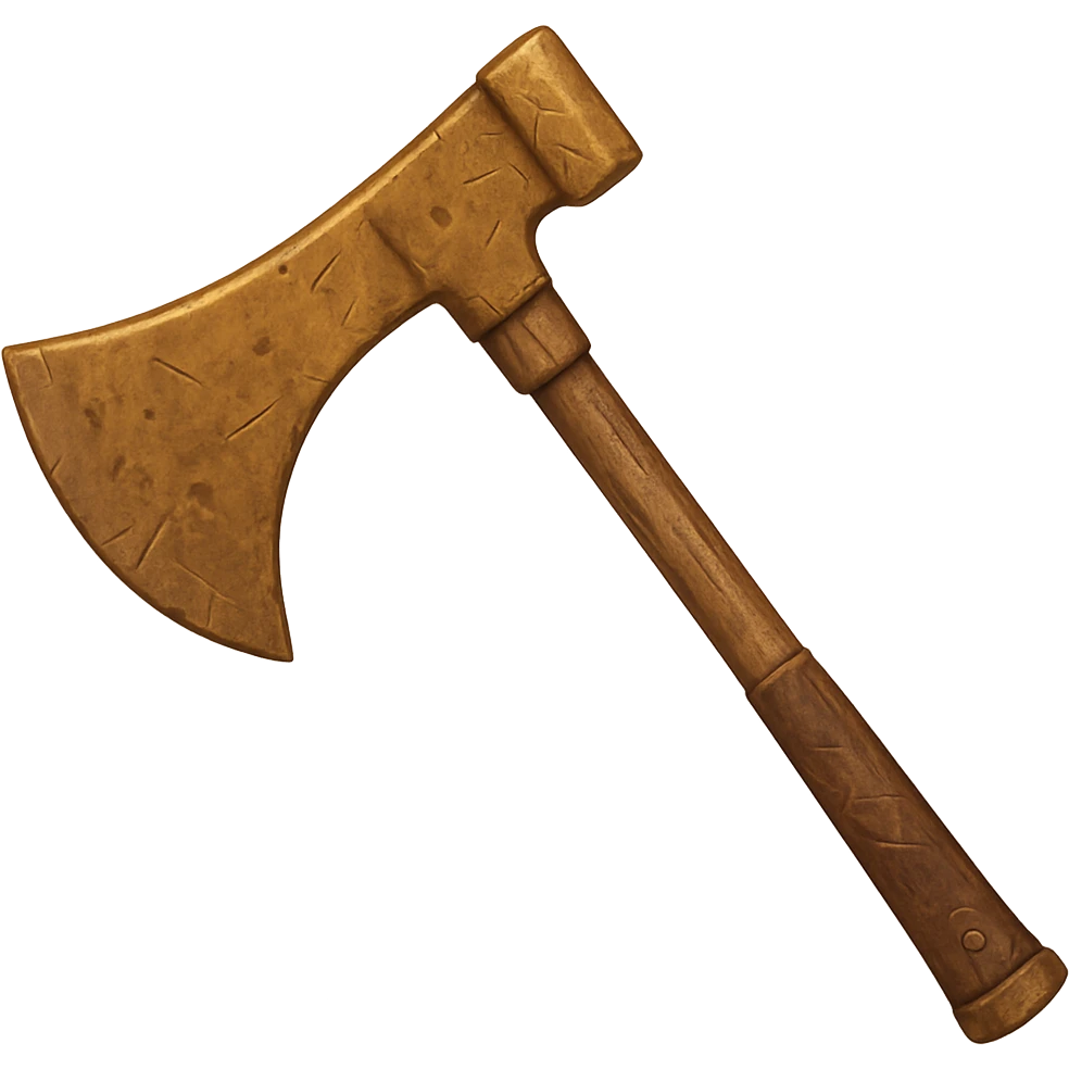 Transform this steel axe into a bronze axe, worn and used, with scratches and dents, in the style of emoji style with transparent background. emoji