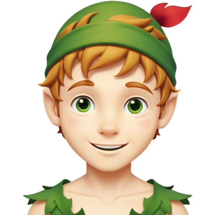Cinematic Realistic Peter Pan Portrait, head tilted playfully and inquisitively, capturing his mischievous smile and twinkling eyes. The intricacies of his whimsical attire and the soft interplay of natural light bring to life his adventurous energy and childlike charm with a hint of daring strength. emoji
