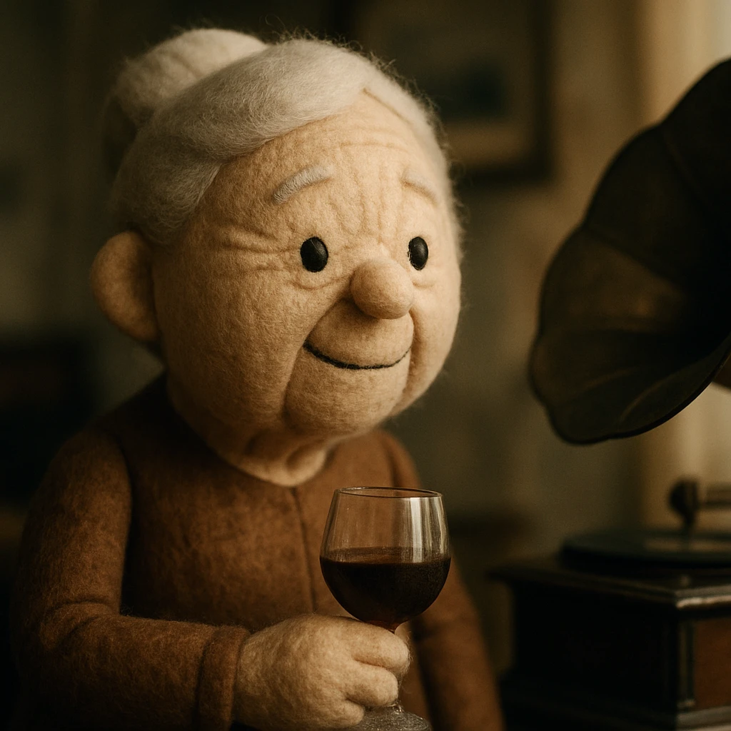 old lady with wineglass listening to gramophone emoji