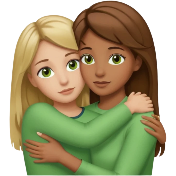 Maman cheveux marrons yeux marrons et fille cheveux blond yeux verts qui se font un câlin  emoji