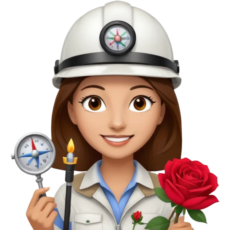 Arquitecta ojos marrones oscuros pestañas pelo marron por los hombros sonrie casco blanco compás y rosa emoji