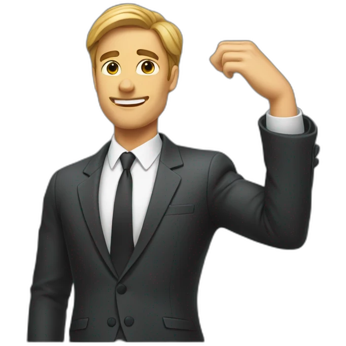 man in suit stretches his arms outward emoji