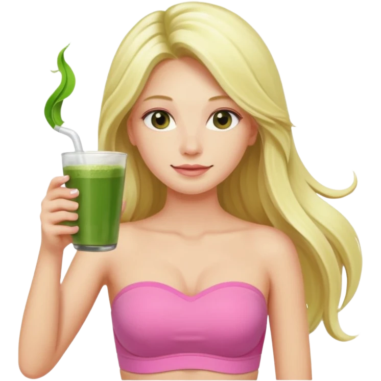 long haired blonde pilates instructor in pink drinking matcha in cute set with no straps standing emoji