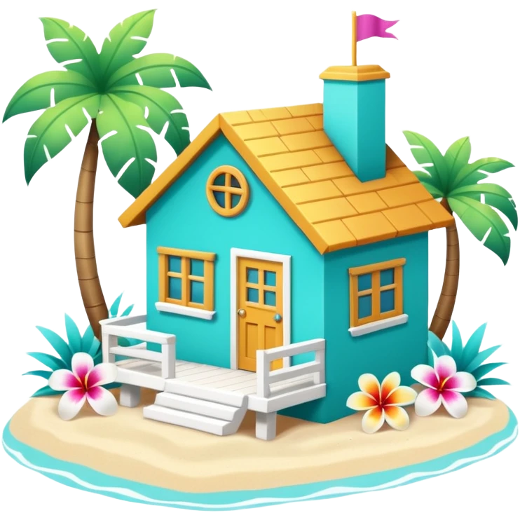 cute beach house, turquoise and white, colorful details, tropical flowers, 3D cartoon, mobile game icon style, clean background, no text, no watermark
 emoji