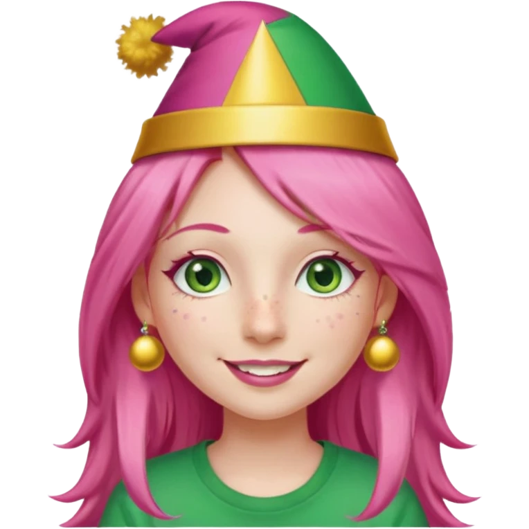 Create a girl with long pink hair and green eyes with long eyelashes and a smiley face. She has freckles in her face and a lit of bit of pink lipstick on her mouth, she’s also got gold birthday party hat on her head with gold pom poms on top of it, and her T-shirt is all red emoji