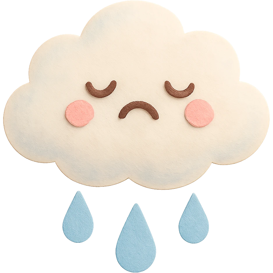 Regenerate the image as a soft pastel fluffy white cloud crying gentle blue raindrops, no arms, no legs, full body, with soft pastel kawaii paper craft style texture and cute look, transparent background. emoji