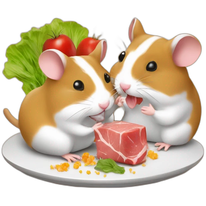 two hamsters with mustache are eating meat with salat   emoji