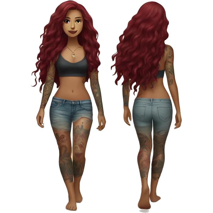 Beautiful tattooed  burgundy long haired woman walking on the beach emoji