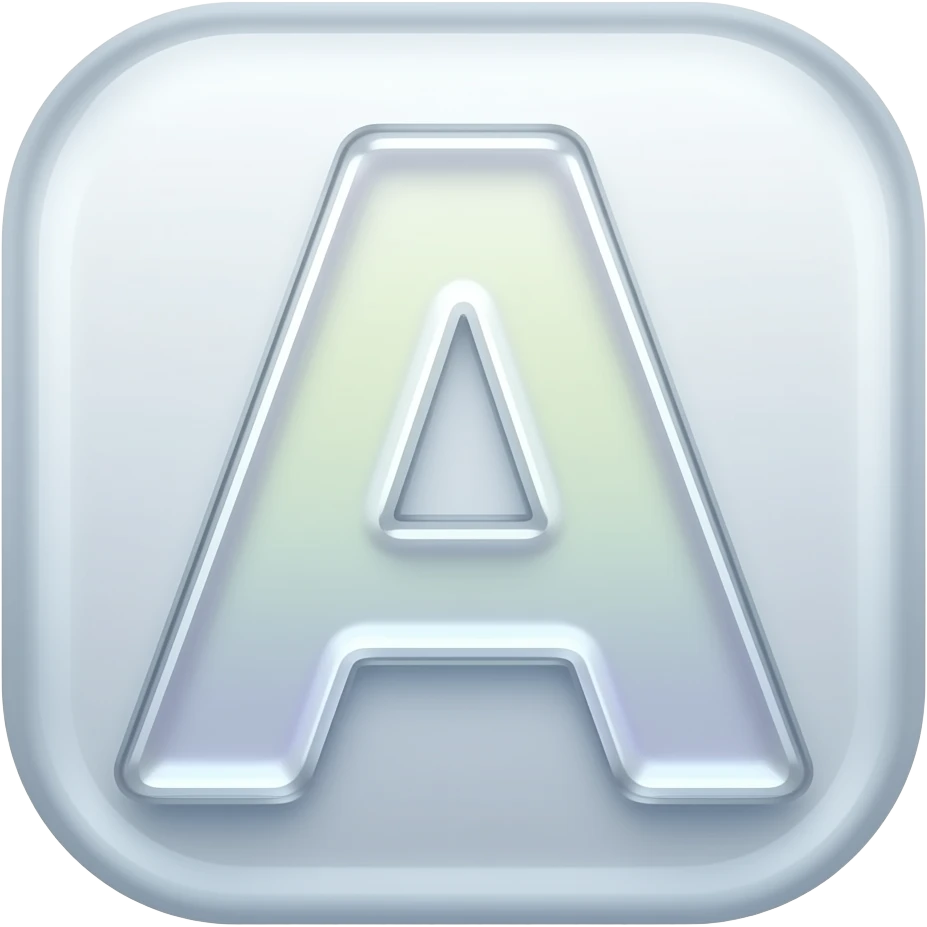 High-resolution 3D icon of the letter 'A' made of frosted holographic glass with soft internal glows. Isolated on a plain white background, centered, symmetrical, studio lighting, hyper-realistic, 4k emoji