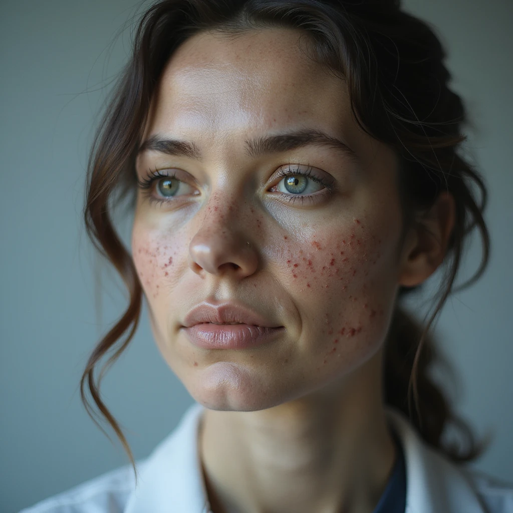 realistic woman with PCOS, face with acne and facial hair, thin hair, clinical atmosphere, hyperrealistic 4K details emoji
