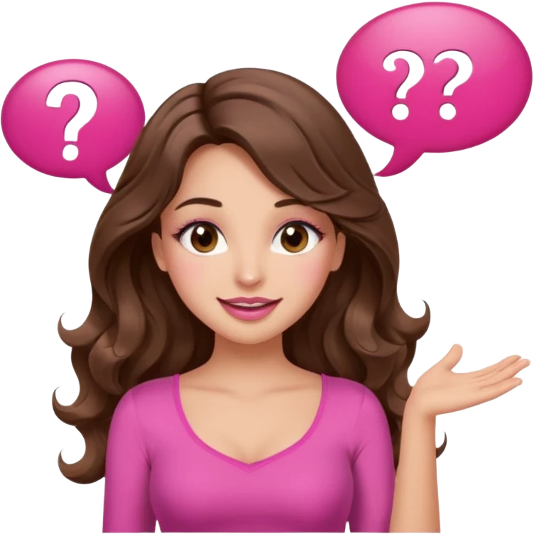 girl with long wavy brown hair, brown eyes, long lashes makeup, sexy pink lips, light to medium complexion, wearing a pink sexy top, shugging, smiling, question mark one speech bubble emoji