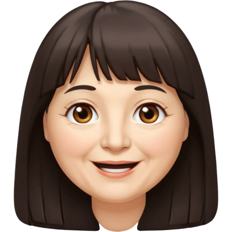 60 yr old woman, long hair down back, very small brown eyes, long hair, straight dark brown hair, bangs, chubby, long face, very tired but happy emoji