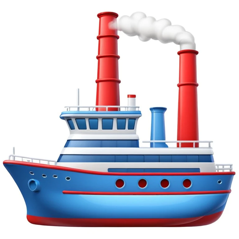 3D Apple-style emoji of a ship with simplified shapes, cartoon-like look, glossy finish, soft shadows, white background, featuring a red smokestack, blue hull, and recognizable windows emoji