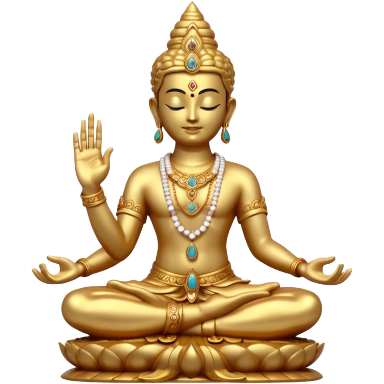 a golden statue of a Hindu deity seated in a yogic posture with one hand in a blessing gesture, adorned with ornate jewelry�. The figure sits on a decorated pedestal, radiating a sacred and traditional aura�. emoji