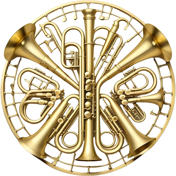 Create a festive and elegant emoji collage featuring a bouquet or fan of brass instrument bells (trumpets, saxophones, trombones, tubes, etc.) arranged in a radiant, symmetrical pattern. The instruments should have polished, golden and silver finishes, with their large, shiny bells forming a beautiful, fan-like display. Include a flowing ribbon of musical notes swirling through the center, conveying movement and melody. The background should feature a deep red velvet texture, adding a touch of luxury and sophistication. The overall composition should be balanced, with an elegant and regal feel, with a transparent background to keep focus on the instruments and musical elements. emoji