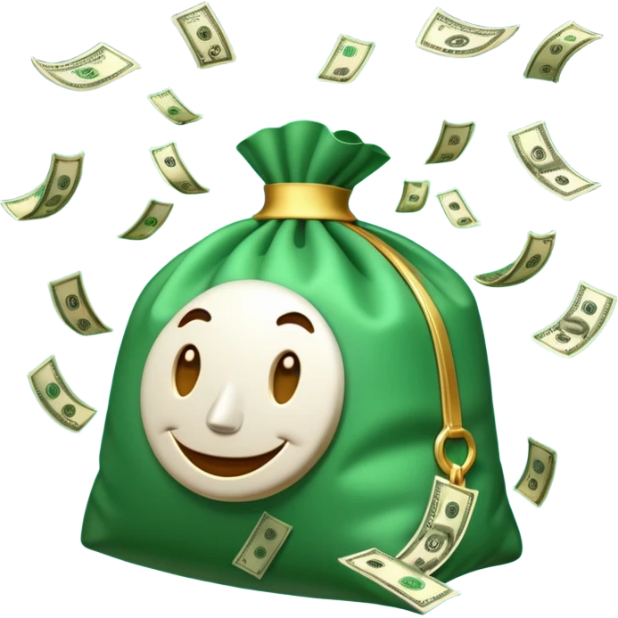 

3D emoji style, big bag of money, flying dollar bills, rich casino vibe, smooth lighting, high detail, clean edges, transparent background



 emoji