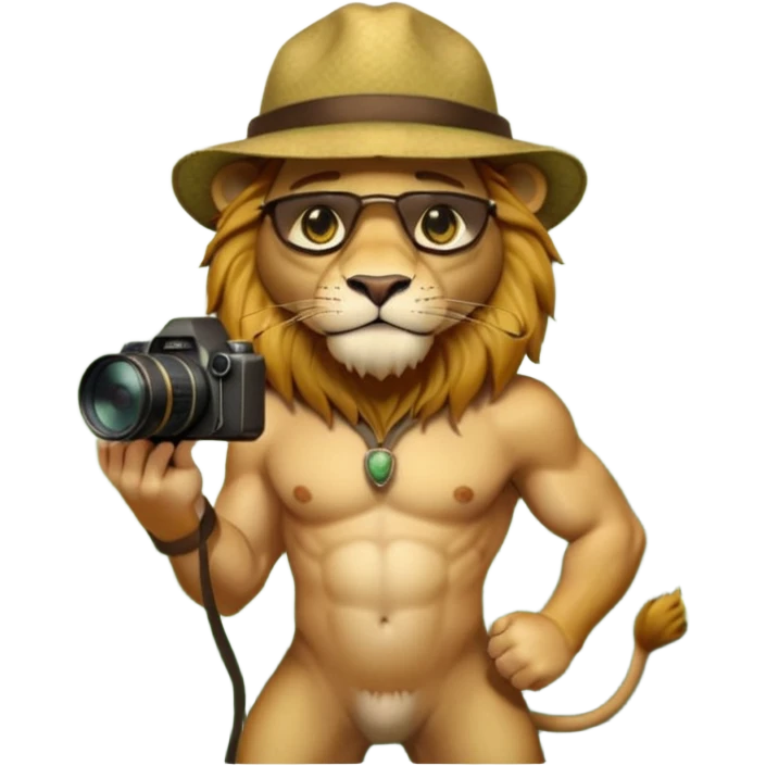 3D cartoon style, vertical 9:16. A dense green jungle with tall trees, morning sunlight beams through leaves, light fog. In the center stands a 5.5 ft strong muscular lion with golden fur, dark brown mane, amber eyes, light battle scars, no clothes, calm expression emoji