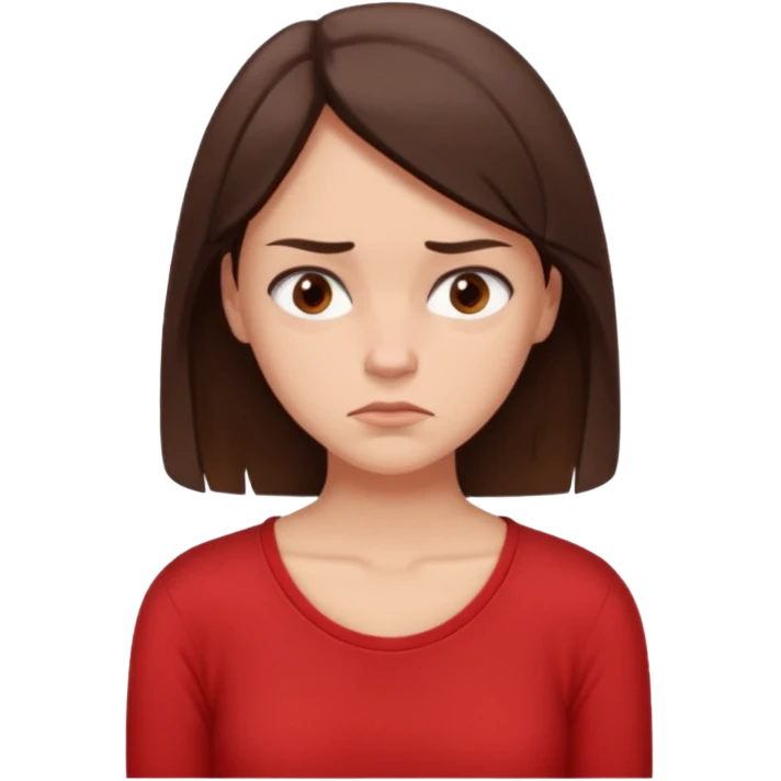 "Cartoon emoji of a young brunette woman with fair-medium skin, brown eyes, wearing a simple red top. Portrait mode, slouched, looking down, overthinking and insecure. Small frown, worried eyes. Smooth, friendly, stylized, Mary Jane–like appearance." emoji