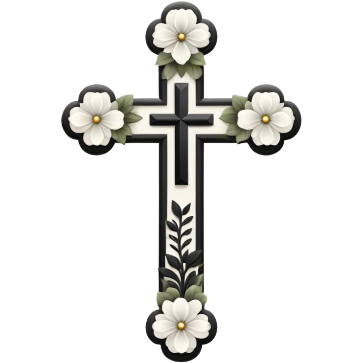 a black and white detailed cross with flowers over lapping emoji