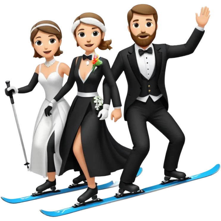 a couple skiing, man with a beard in a tux and woman in a wedding dress on their skiis going down a slope emoji