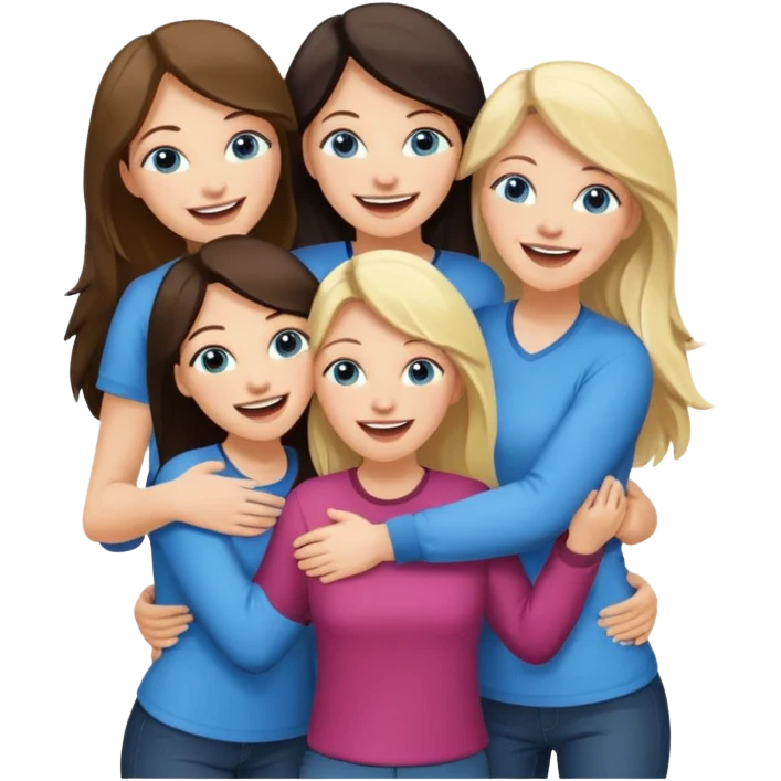 four adult white women laughing and hugging.  Two have long dark brown hair.  Two have blonde hair and blue eyes. emoji