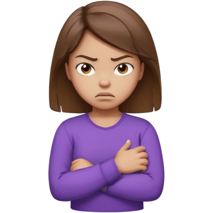 Girl with brown hair crossing arms in front of her chest and making an angry face with a purple longsleeve shirt on and be more pouty make her skin lighter emoji