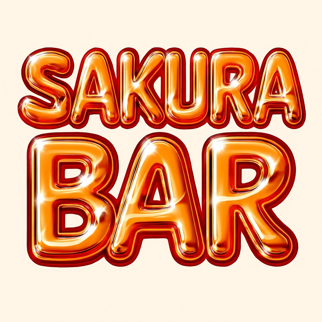 Make the 'Sakura Bar' bubble letters font more Y2K style—futuristic, metallic, shiny, with playful curves and a retro 2000s vibe, keep orange and red colors. The style should reflect a glossy, metallic, and futuristic look typical of early 2000s design aesthetics. emoji