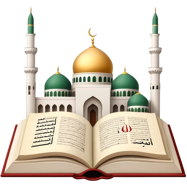 An icon featuring the mosque and the flag of an Arabic-speaking country, symbolizing the Arabic language. The design includes an open book with Arabic script and calligraphy, representing language learning and cultural heritage. Transparent background emoji
