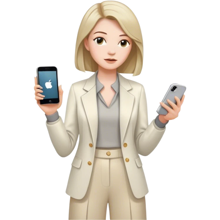 pale skin woman with dark blonde Straightened bob Hair, White Spacious classical jacket, beige palazzo Arrow pants and gray blouse holding white IPhone 14 pro in the hands emoji