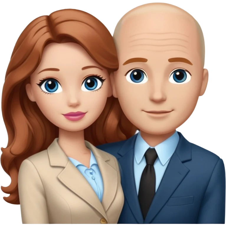 Barbie girl  , eyes blue , Chestnut red long wavy hair In pale beige clothes, Hugs a man with light brown hair bald, brown eyes , and a black suit emoji
